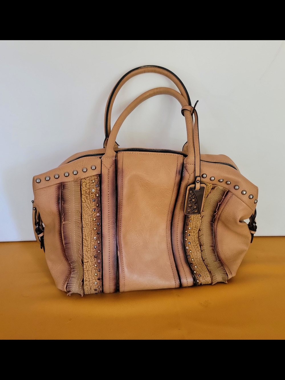 Tan Stud-Accent Leather Satchel